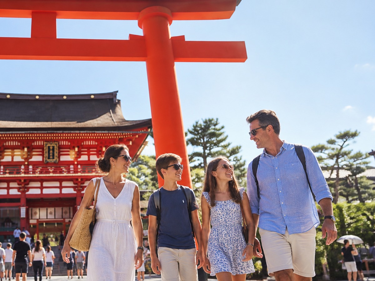 A family walking together beneath a vermilion torii gate at a shrine in Kyoto, Japan